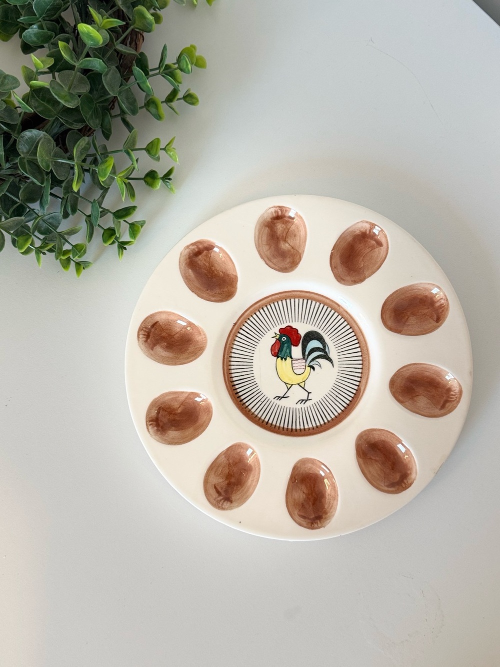 Vintage 1960s Ceramic Rooster Egg Tray - Cream and Brown Home Art